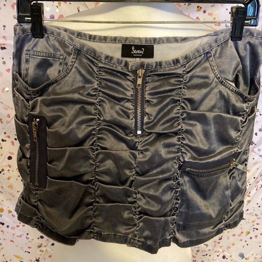 Seven Express poly-cotton-rayon brushed steel gray-blue mini skirt.